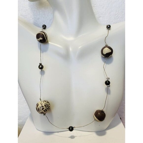 Vintage Black Beige Animal Print Beaded Silver Tone Strand Station Necklace 42” - Picture 3 of 7